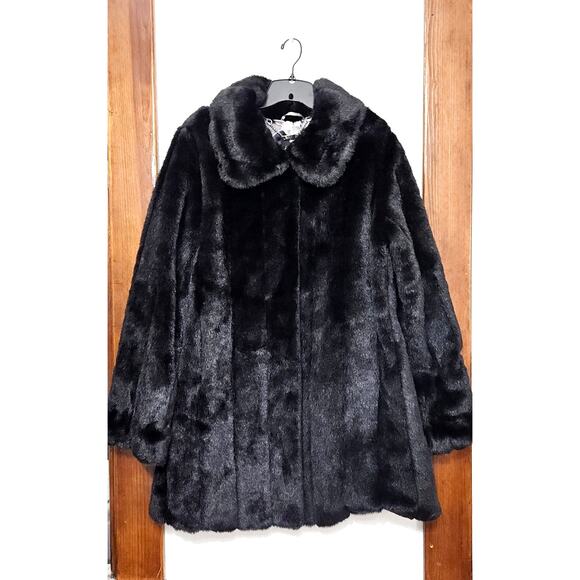 Dennis Basso Faux Fur Mink Black Coat Women Size Large Collared Pockets Mobwife - Picture 9 of 12